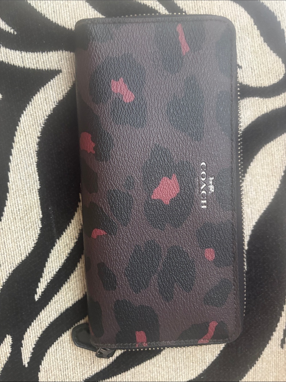 Coach Brown and Pink Leopard Print Zip Wallet
